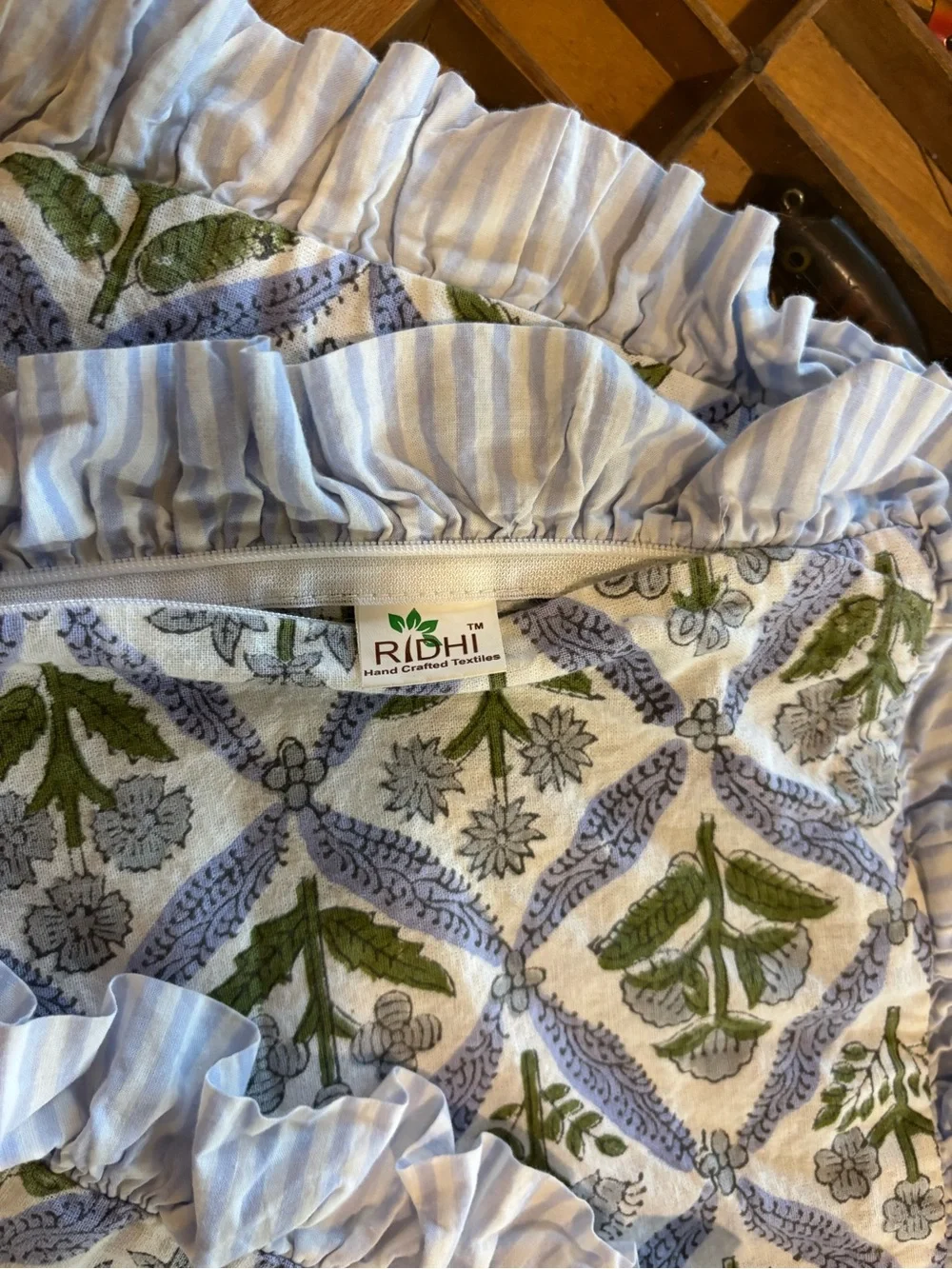 Ridhi Light Steel Blue Floral Ruffle Block Print Pillow Covers Set of 2 (20x20)